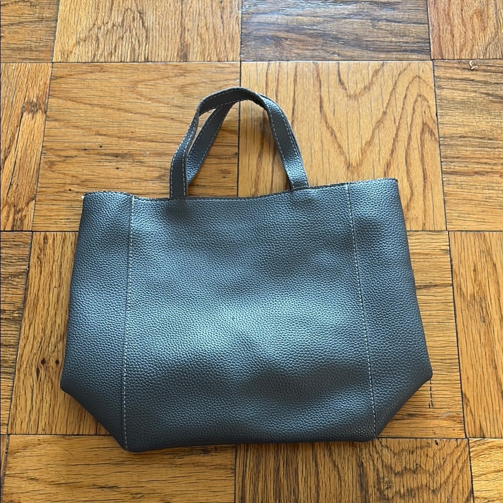 Gray Faux Leather Structured Tote Bag Zip Closure Geometric Design